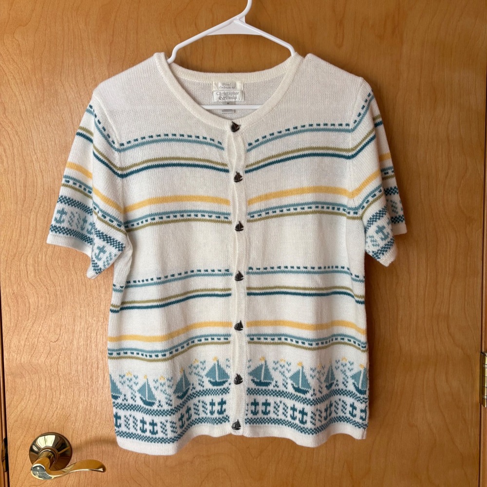 Christopher & Banks Cardigan Women Medium White Nautical Sailboat‎ Short Sleeve